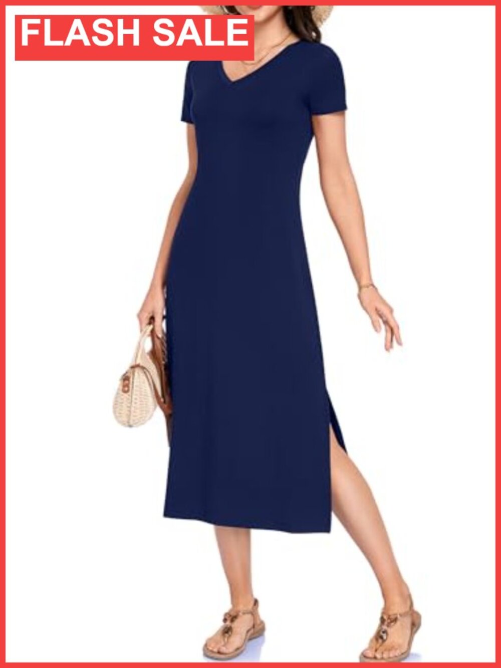 Women's Midi Dress Short Sleeve V Neck Side Split Casual Sundress